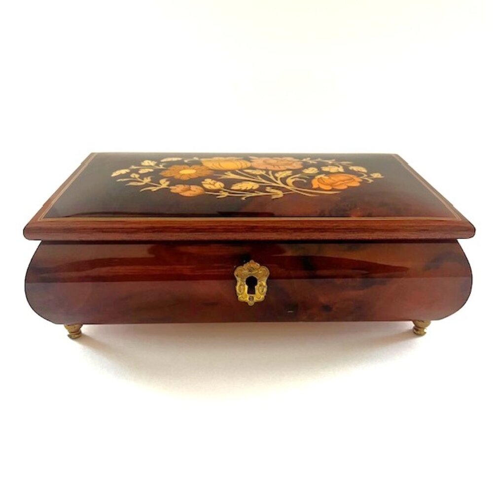 Musical Jewelry Box Inlaid Wood Floral Design Italy Hand Crafted - Picture 2 of 11